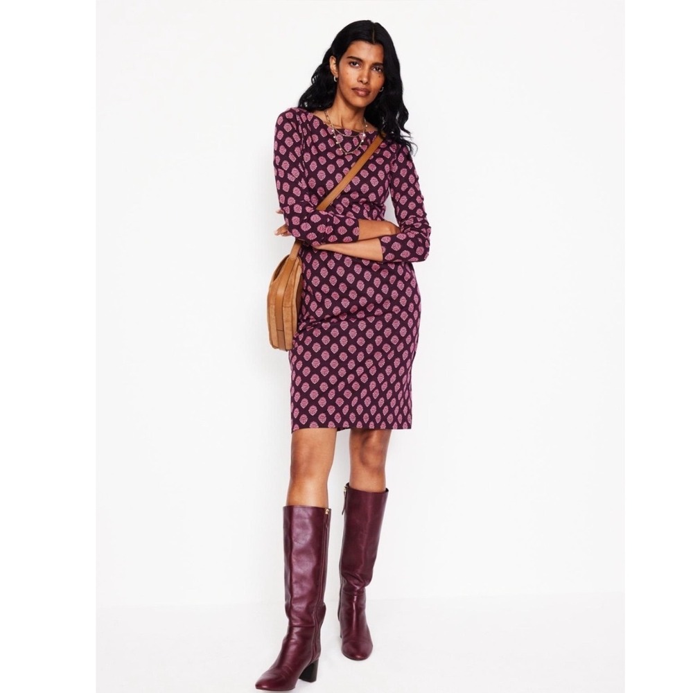 Boden Florrie Fern Dress Womens 10 Purple Pink Cotton Jersey 3/4 Sleeve Pockets